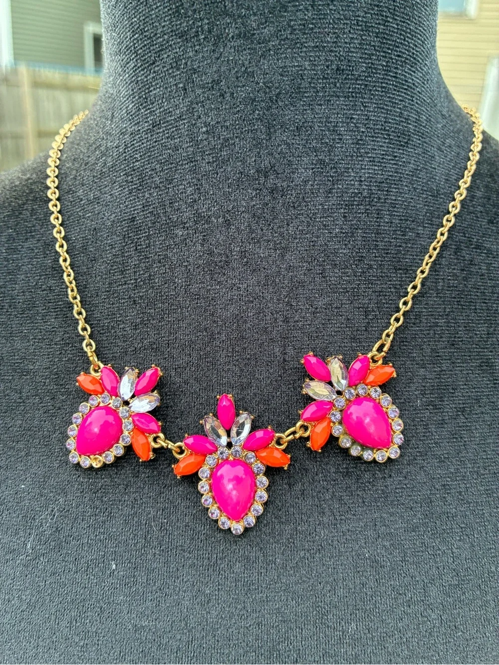 Gold-Tone Statement Necklace with Hot Pink & Orange Crystal Accents